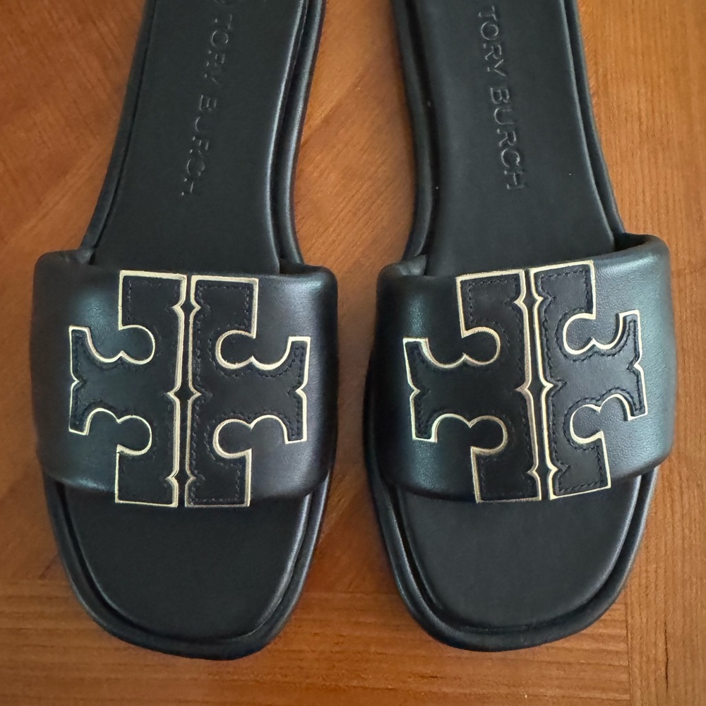 Tory Burch Black Slides with Gold Logo